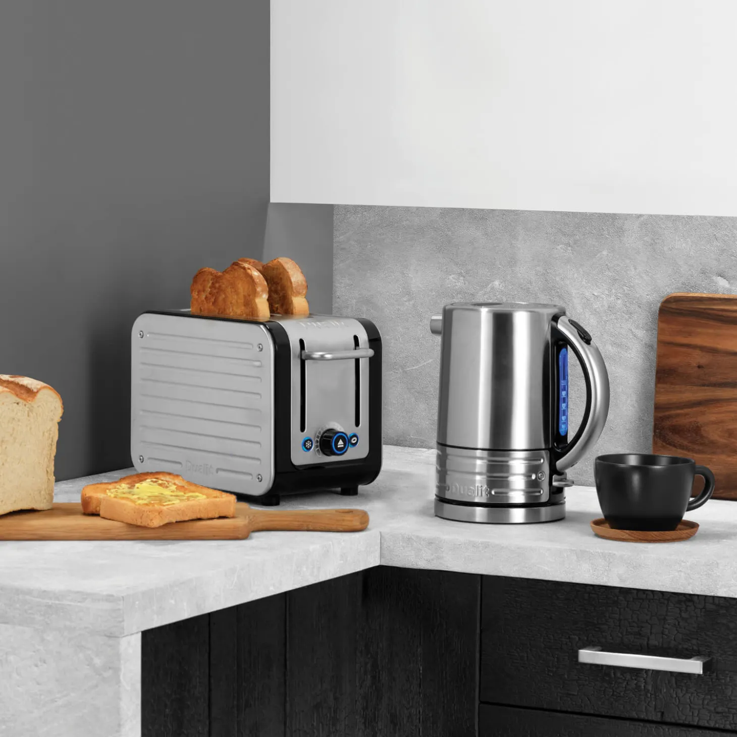 Dualit Architect 1.5 Litre Jug Kettle & 2 Slot Toaster Set - Black & Brushed Stainless Steel