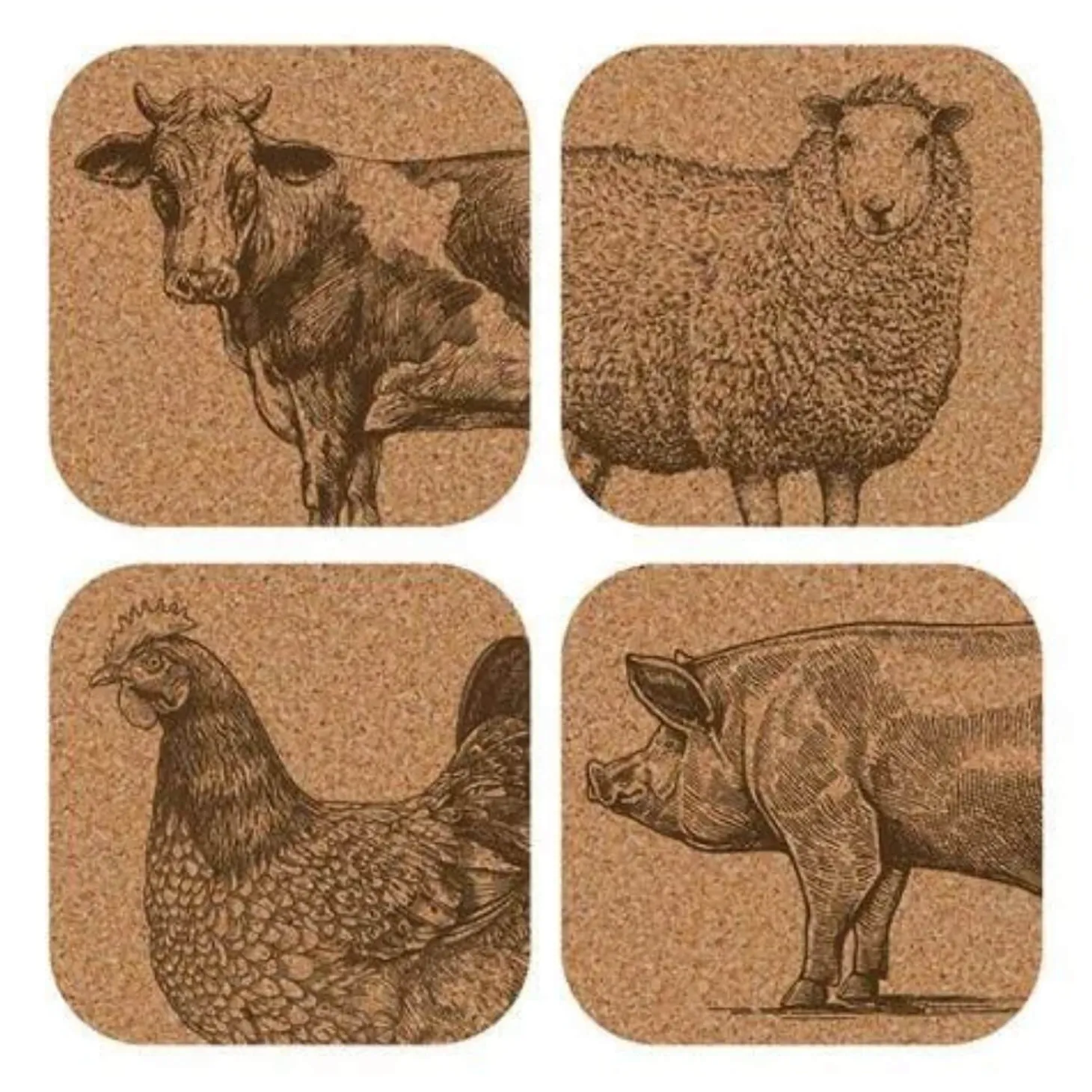 iStyle Rural Roots 4 Piece Square Coaster Set - Farm Animals