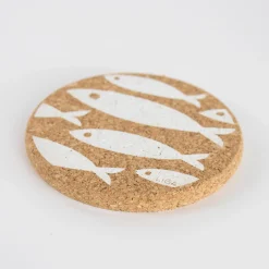 Liga Round Cork Coaster - Fish - White